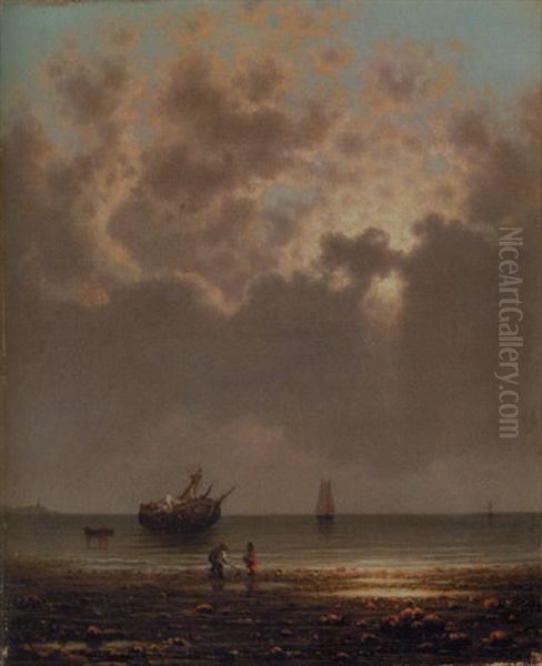 Sun Breaking Through The Clouds (a Wreck On The Shore) Oil Painting by Martin Johnson Heade