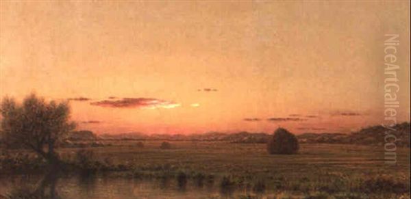 Salt Marsh Haystacks At Sunset Oil Painting by Martin Johnson Heade