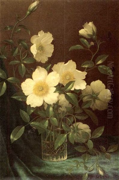 Wild Roses In A Glass Vase Oil Painting by Martin Johnson Heade