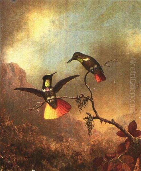 Two Hummingbirds In A Landscape Oil Painting by Martin Johnson Heade