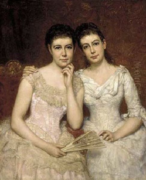 Portrait Of Miss Sophie Burnley And Miss Charlotte Heath Burnley In White And Pink Dresses, In An Interior Oil Painting by George Peter Alexander Healy