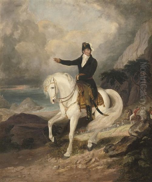 Equestrian Portrait Of The Duke Of Wellington With Troops And A Coastal Landscape Beyond by Thomas Heaphy