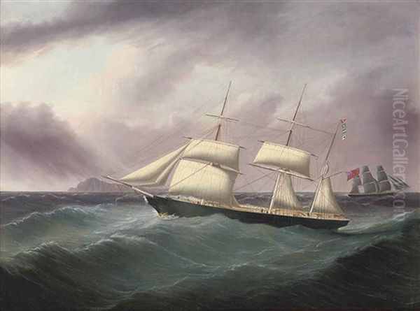 The Barque Humphrey Nelson Flying Her Recognition Flags As She Passes A Three-masted Merchantman Off A Mid-ocean Island Oil Painting by Joseph Heard