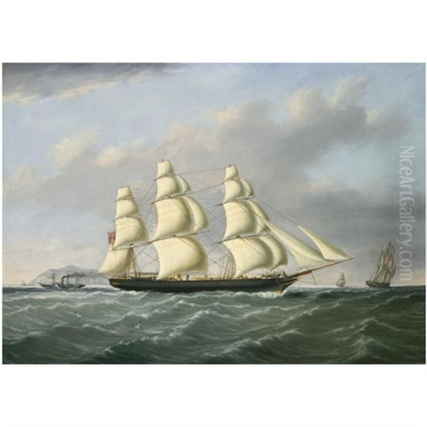 A Three Masted Ship Under Full Sail Outward Bound From Liverpool Off Holyhead And The South Stack Oil Painting by Joseph Heard