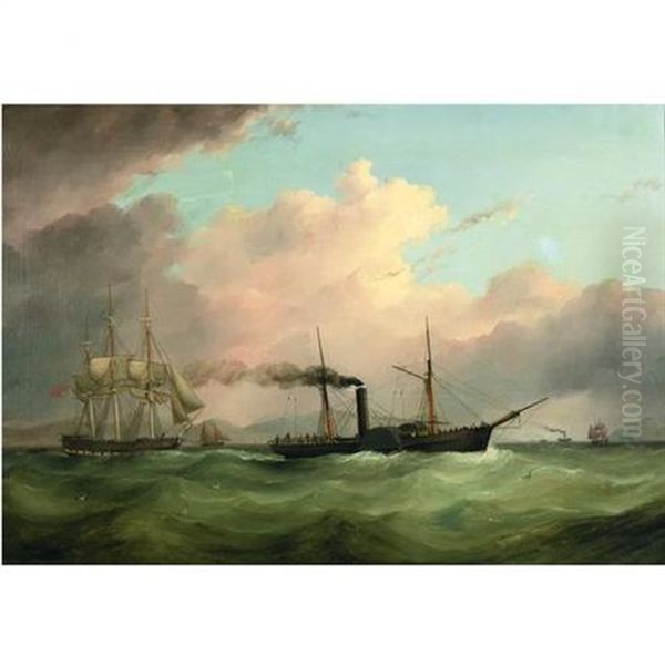 A British Paddle Steamer Towing A Becalmed Sailing Ship Out Of Danger Oil Painting by Joseph Heard