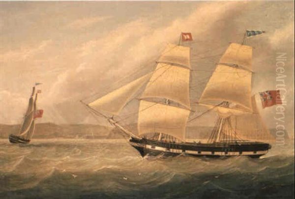 A Brig Zepher Sailing Offf The Shore Oil Painting by Joseph Heard