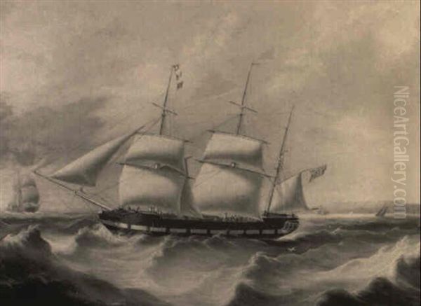 Barque And Other Vessels In Stormy Seas Off Coast Oil Painting by Joseph Heard