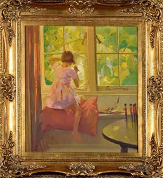 A Small Girl In A Nursery Stencilling A Design On The Window Oil Painting by Frank Gascoigne Heath