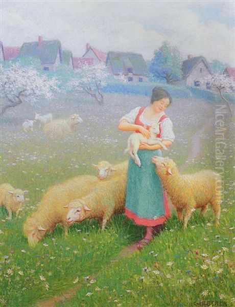 Shepherdess With Flock Of Sheep In Spring Landscape by Charles Heberer