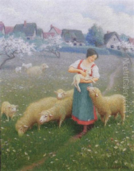 Shepherdess With Flock In Spring Landscape by Charles Heberer