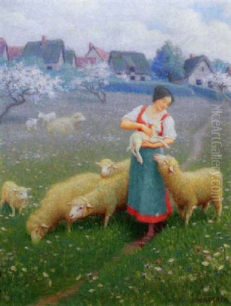 Shepherdess With Flock In Spring Landscape by Charles Heberer