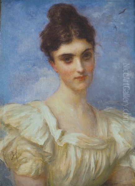 Portrait De Jeune Femme En Buste A La Robe Blanche Oil Painting by Antoine Auguste Ernest Hebert