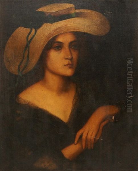 Portrait Of A Woman With A Hat On Oil Painting by Antoine Auguste Ernest Hebert