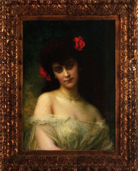 Bildnis Einer Dunkelhaarigen Eleganten Dame Mit Rotem Blumenhaarschmuck Oil Painting by Antoine Auguste Ernest Hebert