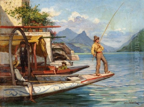 Angler Und Fischer Auf Ihren Booten Am Genfersee Oil Painting by Henri Hebert