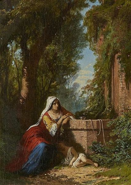 Hagar And Ismael At The Well Oil Painting by Jules Hebert