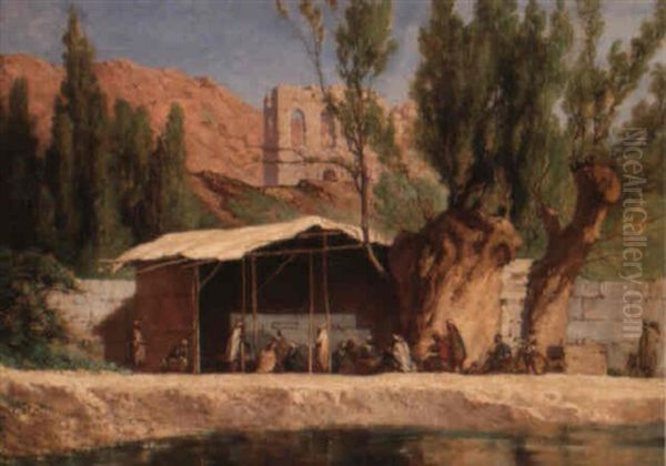 Cafe Arabe A L'entree De Damas, Au Bord Du Barada Oil Painting by Jules Hebert