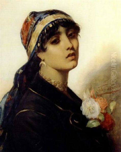 Girl With Flowers Oil Painting by Leon Hebro