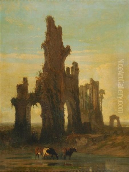 Bergere Et Troupeau Dans Un Paysage Italianisant Avec Ruines Oil Painting by Guillaume Van Der Hecht