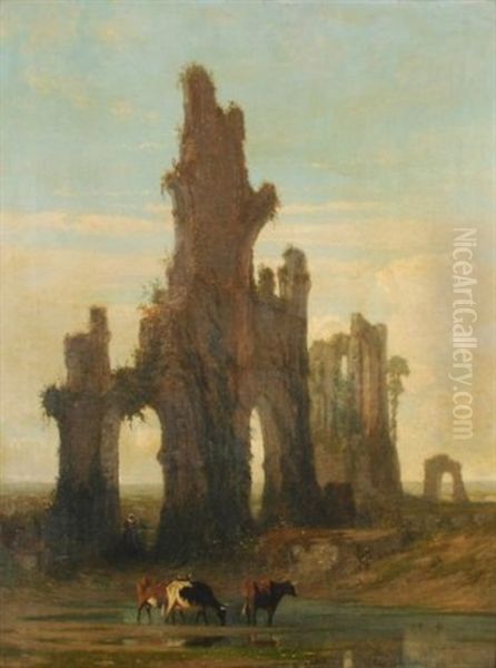 Bergere Et Troupeau Dans Un Paysage Italianisant Avec Ruines Oil Painting by Guillaume Van Der Hecht