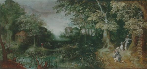 A Wooded Landscape With Huntsmen In The Foreground, A Town Beyond Oil Painting by Claes Dircksz van der Heck