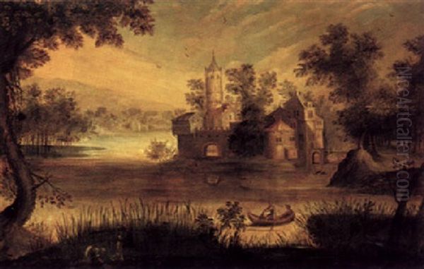 A River Landscape With Figures In A Boat And Castle Beyond Oil Painting by Claes Dircksz van der Heck