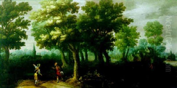 A Wooded Landscape With Peasants, A Village Church Beyond Oil Painting by Claes Dircksz van der Heck