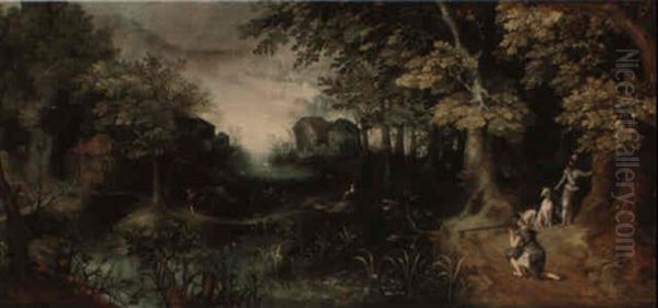 A Wooded River Landscape With A Hunting Party by Claes Dircksz van der Heck