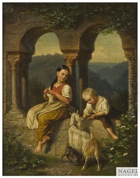 Hirtenidyll Mit Zwei Kindern Und Ziegen An Einer Ruine Oil Painting by Wilhelm Emil Robert Heck