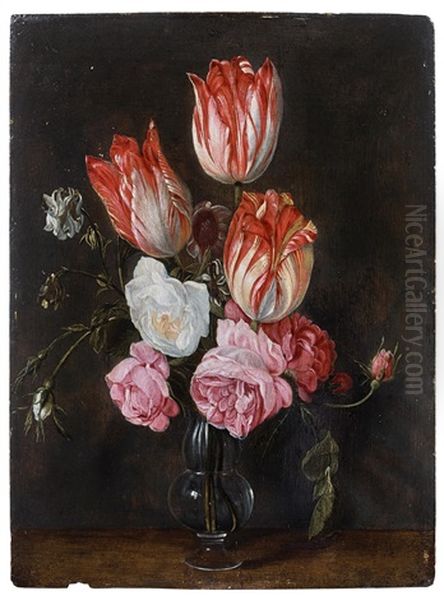 Bouquet De Tulipes Et De Roses Dans Un Vase Oil Painting by Jan van den Hecke the Elder