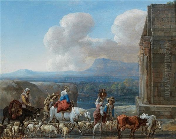 Shepherds And Travellers By A Triumphal Arch In The Roman Campagna Oil Painting by Jan van den Hecke the Elder