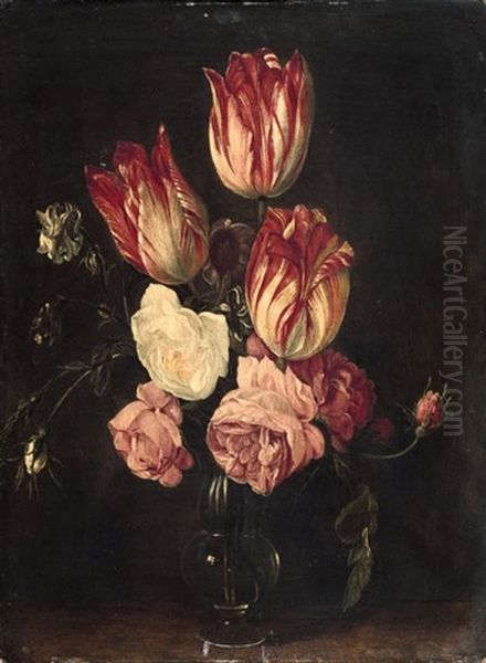 Bouquet De Tulipes Et De Roses Dans Un Vase Oil Painting by Jan van den Hecke the Elder