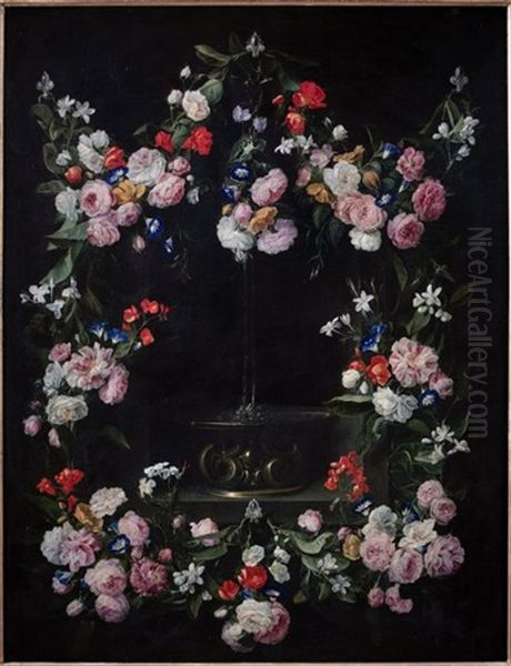 Guirlande De Fleurs Entourant Une Fontaine Oil Painting by Jan van den Hecke the Elder