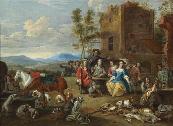 A Hunting Party Resting In A Southern Landscape Oil Painting by Jan van den Hecke the Elder