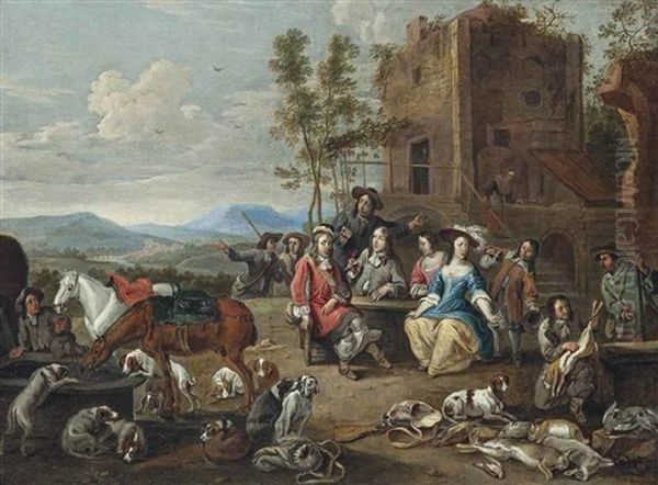 A Hunting Party At An Inn Oil Painting by Jan van den Hecke the Elder