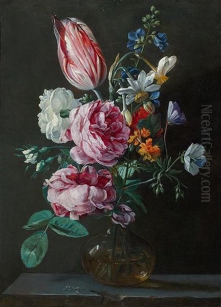 A Bouquet Of Flowers In A Glass Vase Oil Painting by Jan van den Hecke the Elder