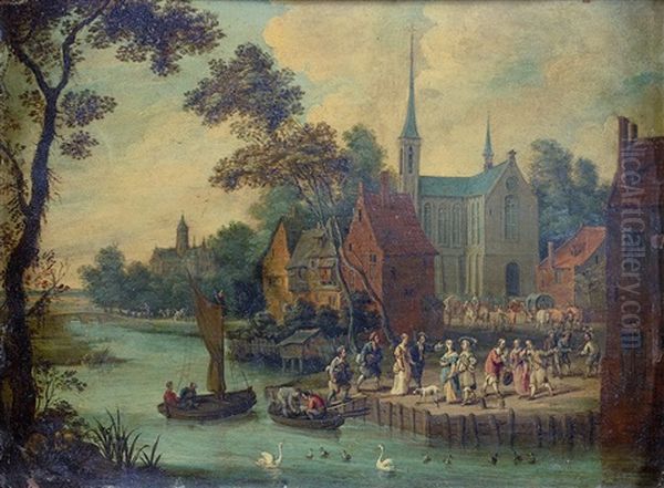 Assemblee En Bordure De Riviere Oil Painting by Jan van den Hecke the Elder