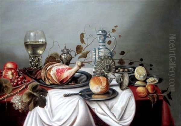 Nature Morte A La Tazza, Pichet De Gres, Jambon, Romer, Pommes, Raisin Et Pain Sur Une Assiette En Etain Oil Painting by Jan van den Hecke the Elder