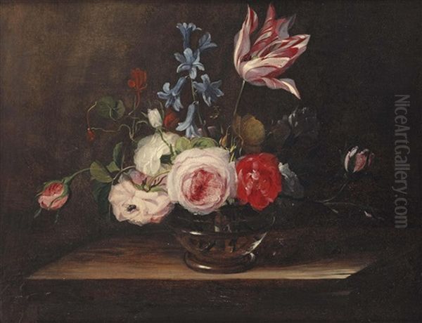 Roses, A Tulip, And Bluebells In A Glass Vase, On A Wooden Ledge Oil Painting by Jan van den Hecke the Elder