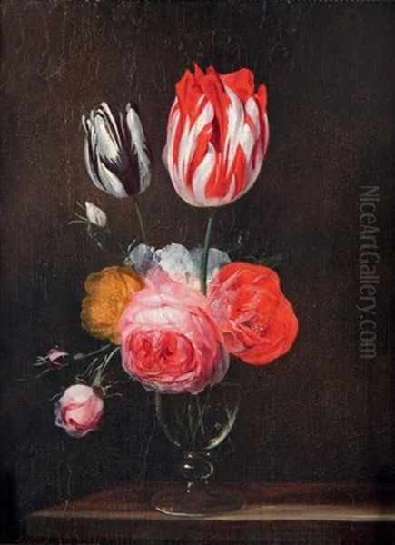 Vase De Tulipes Et De Roses Sur Un Entablement Oil Painting by Jan van den Hecke the Elder