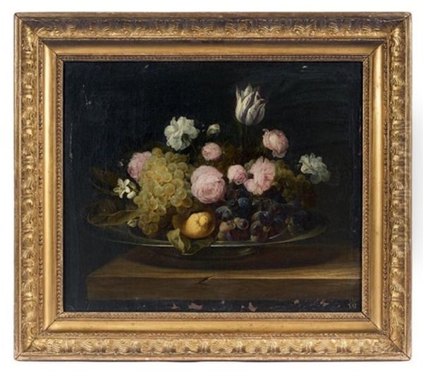 Coupe De Fleurs Et Fruits Posee Sur Un Entablement Oil Painting by Jan van den Hecke the Elder