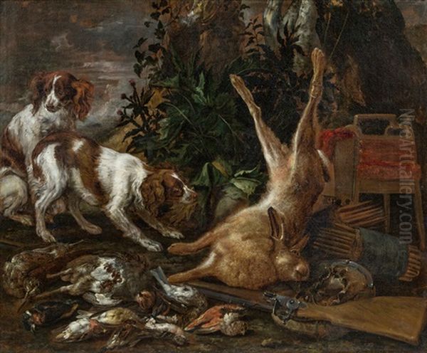 Die Jagdbeute - Stillleben Mit Zwei Jagdhunden, Vogeln Und Einem Hasen Oil Painting by Jan van den Hecke the Elder