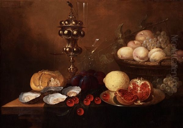 Still Life With A Silver Beaker, Oysters, Pomegranate, Cherries And Grapes Oil Painting by Jan van den Hecke the Elder