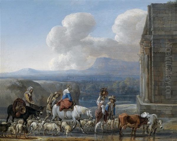 Hirten Und Reisende In Der Romischen Campagna Vor Einem Triumphbogen Oil Painting by Jan van den Hecke the Elder