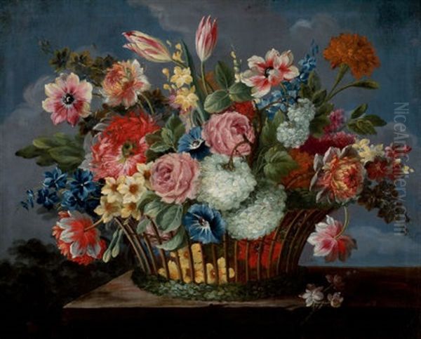 Still Life With A Basket Of Flowers Oil Painting by Jan van den Hecke the Elder