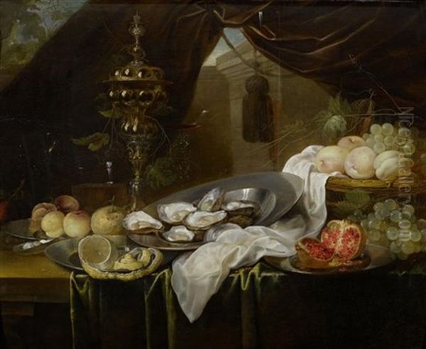 Stilleben Mit Goldpokal, Facon De Venise Glasern, Fruchten Und Austern Oil Painting by Jan van den Hecke the Elder