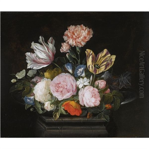 A Still Life Of Parrot Tulips, Roses, Carnations, Morning Glory And Other Flowers In A Silver Dish On A Stone Pedestal Oil Painting by Jan van den Hecke the Elder