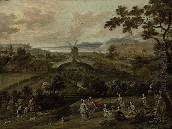 A Wooded River Landscape With Figures Courting And Merry Making Oil Painting by Jan van den Hecke the Elder