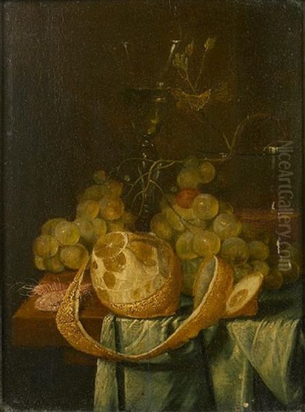 A Still Life With Grapes, A Peeled Lemon And A Glass Of Wine On A Partially-draped Table Oil Painting by Jan van den Hecke the Elder