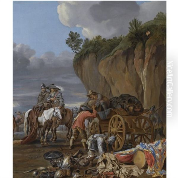 Soldiers Loading A Wagon, A Soldier And A Cavalier Halting On Their Horses To The Left Oil Painting by Jan van den Hecke the Elder